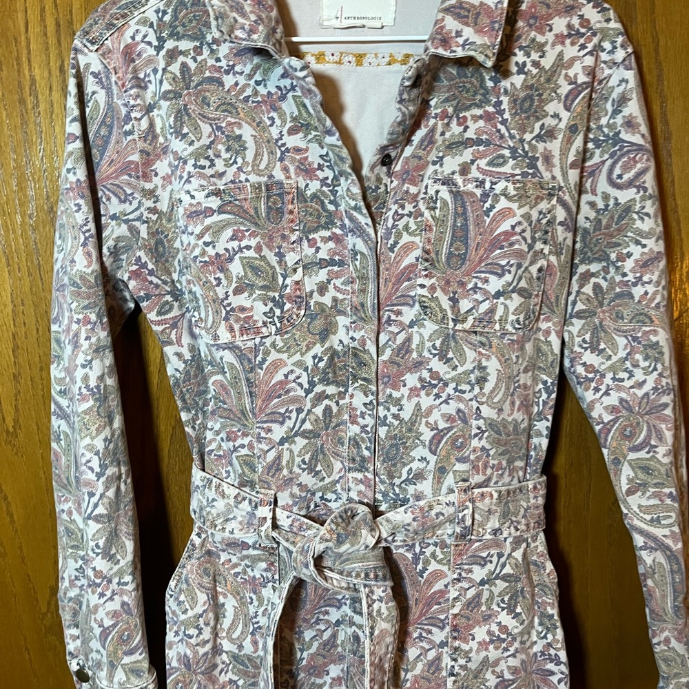 Anthropologie Floral Stretch Denim Coverall